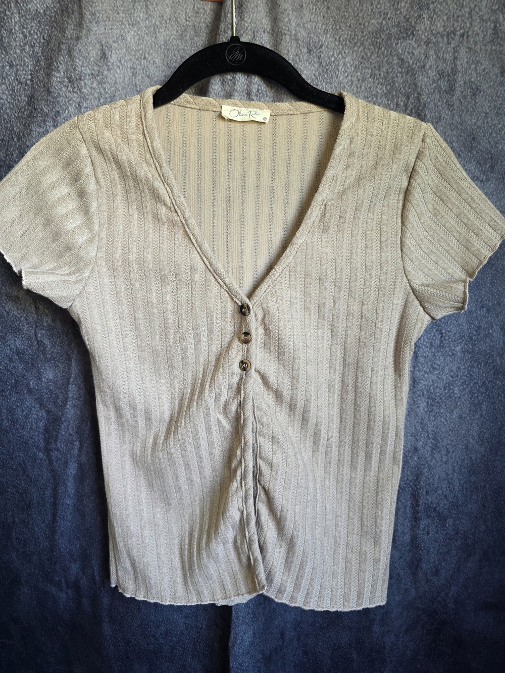 Olivia Rae Beige Ribbed V-Neck Crop Top with Button Front